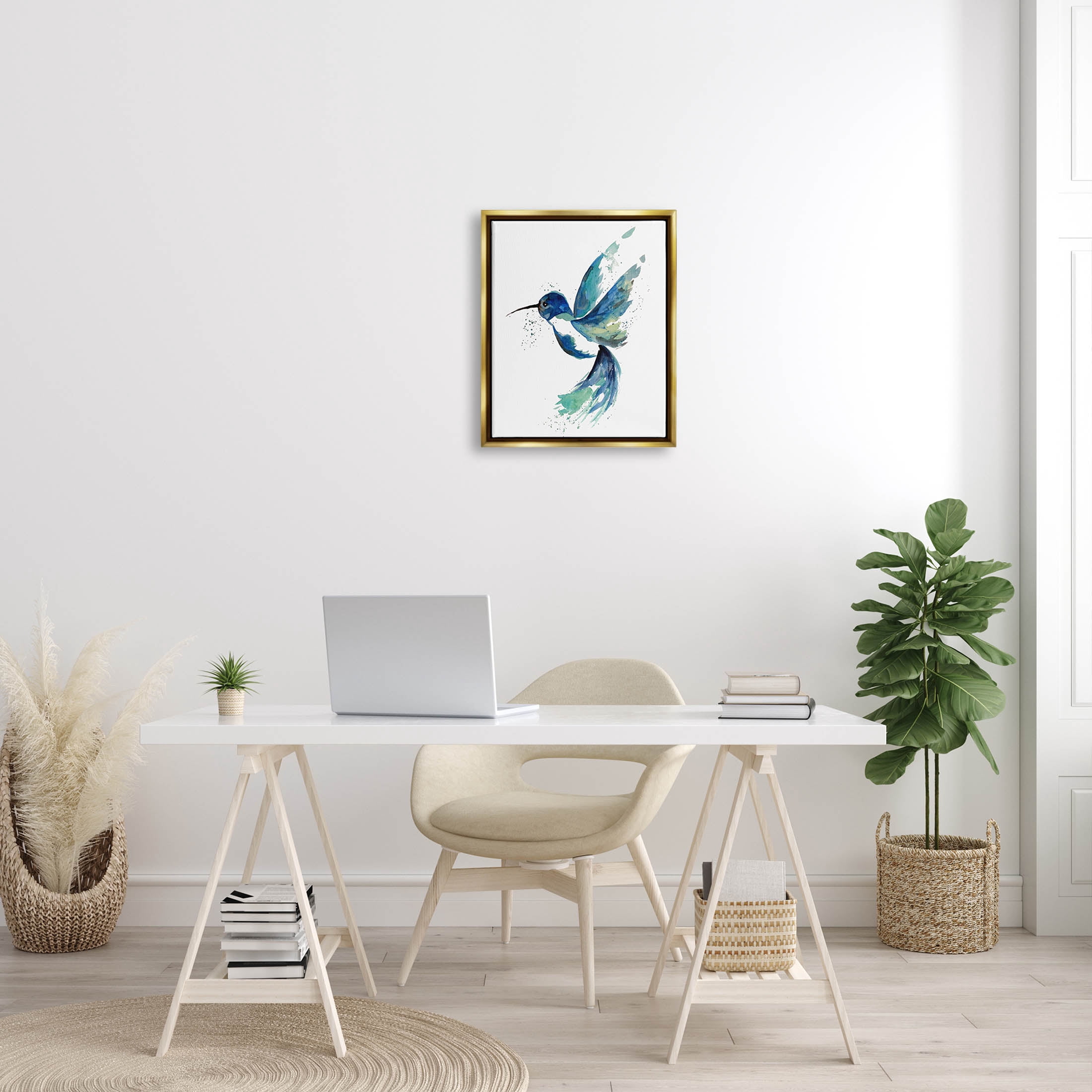 Modern Blue Hummingbird Flying Animals & Insects Graphic Art Metallic Gold Framed Art Print Wall Art