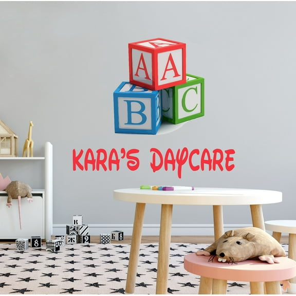KIDS DAYCARE - Adhesive Kids Playroom Wall Decoration Multicolored A B C Alphabet Toy Cubes Design Customized Name Nursery Child Care Vinyl Wall Decal 10" x 9"