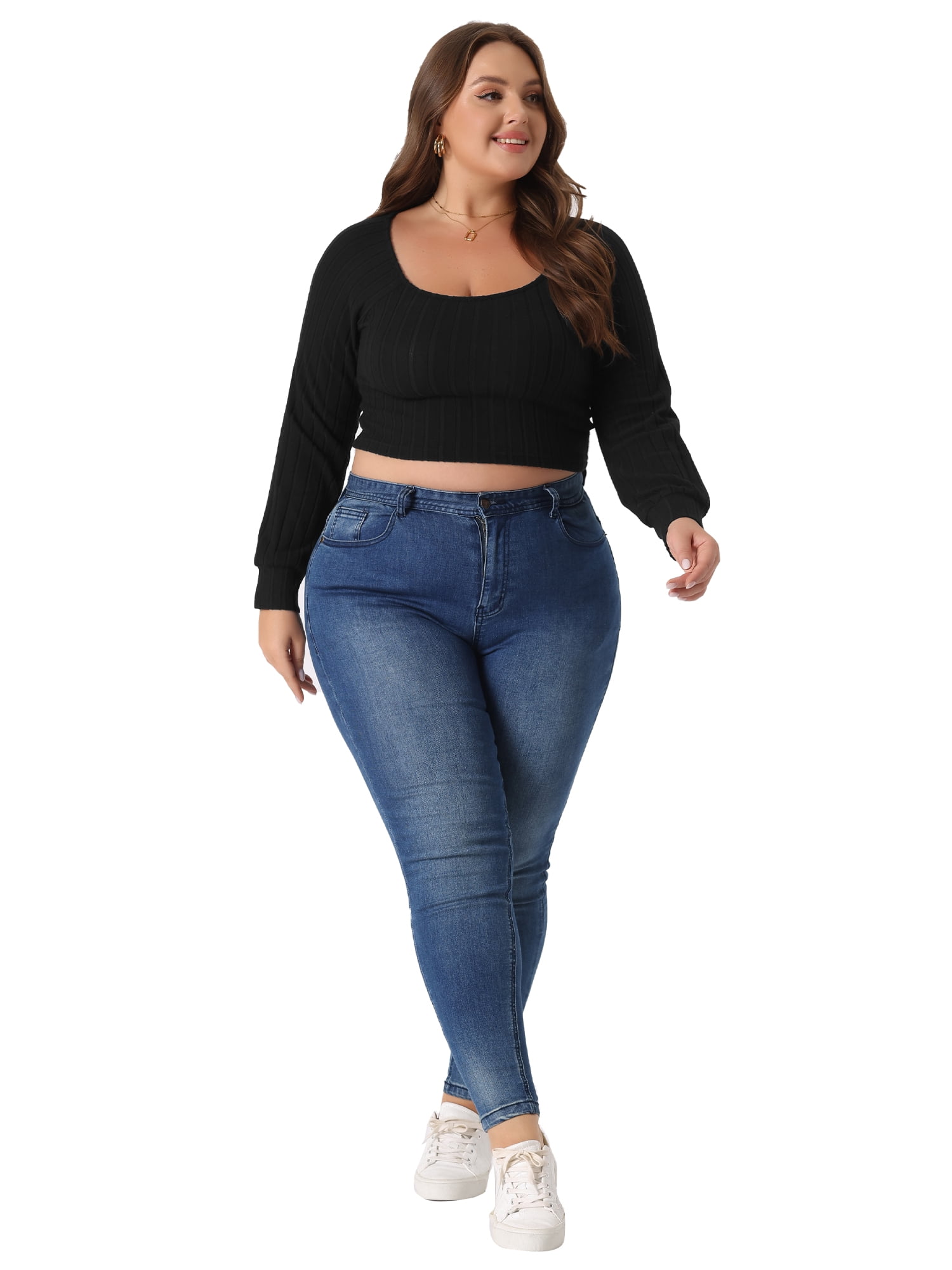Unique Bargains Women's Plus Size Blouse Square Neck Long Sleeve Cropped Tops 4X Black