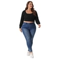 thumbnail image 3 of Unique Bargains Women's Plus Size Blouse Square Neck Long Sleeve Cropped Tops 1X Black, 3 of 6