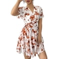 thumbnail image 3 of Womens Summer Dresses Floral V Neck Ruffled Hem Spaghetti Spring Casual Beach Outfits Flowy Wrap Sun Dress Brick Red M, 3 of 8