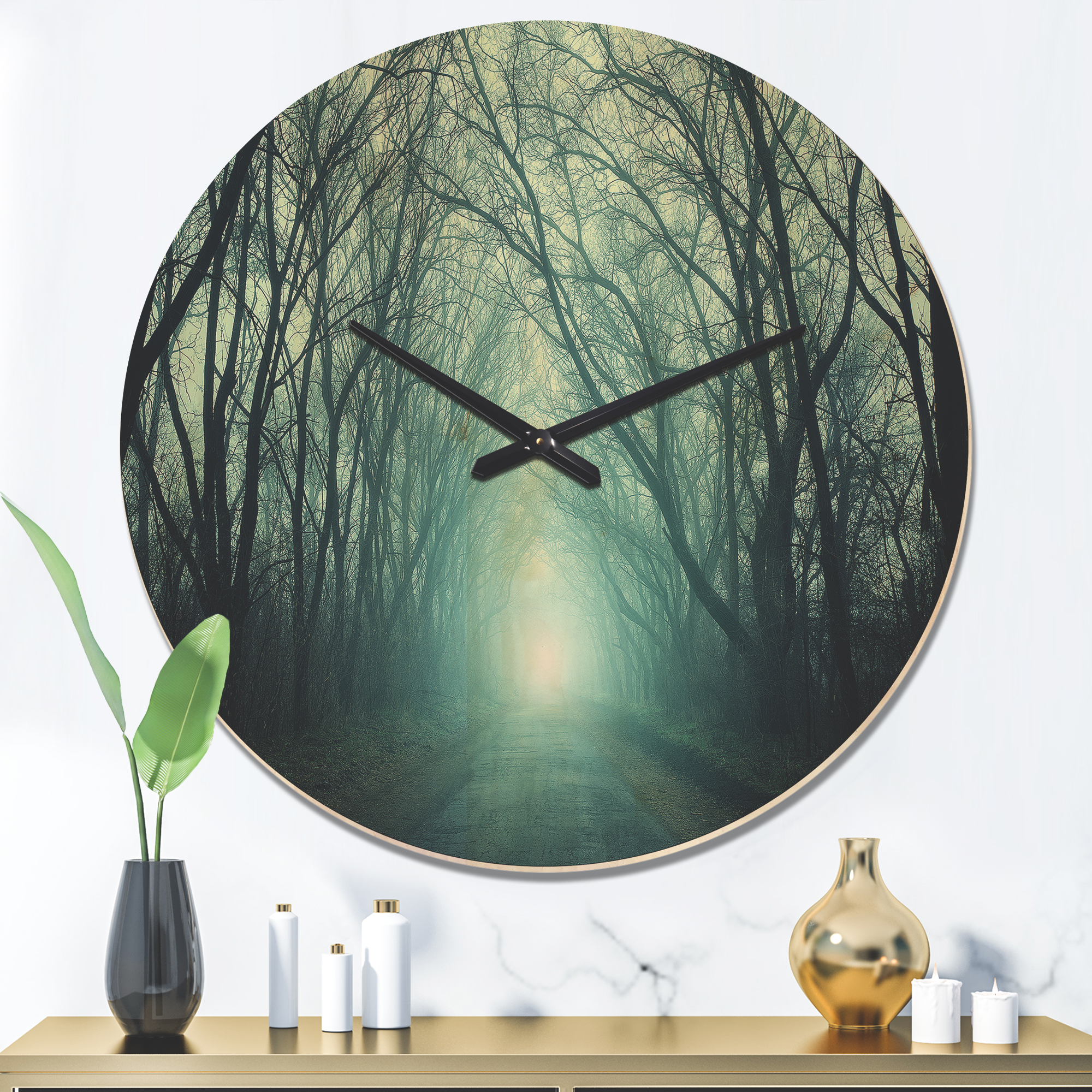 Designart 'Path in Fall Forest with Green Light ' Farmhouse Wood Wall Clock