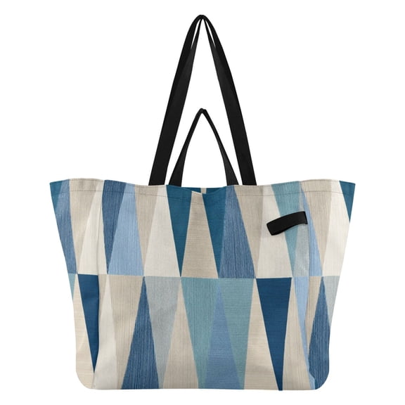 Blue Beige Triangles Foldable Canvas Tote Bags Reusable Grocery Bags Laundry Bags Beach Bag 32L