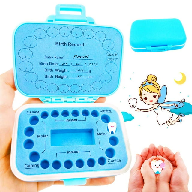 Caja de recuerdo de dientes de bebé, organizador de soporte de almacenamiento de dientes para niños de PP impreso en inglés para mantener la memoria de madera infantil (azul) Sincero Hogar