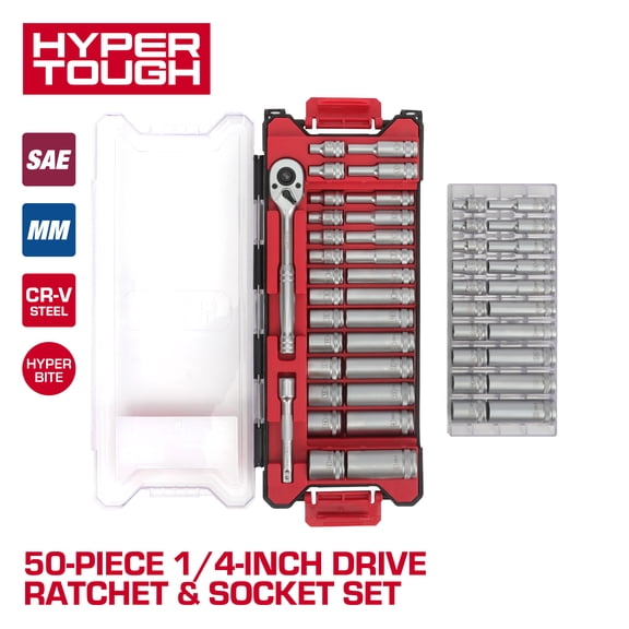 Hyper Tough 1/4-Inch Drive Ratchet and Socket Set, SAE and Metric, 50 Pieces
