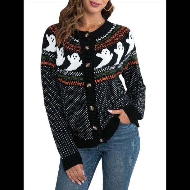 Suéter Tipo Cárdigan Informal de Larga de Punto Grueso para Mujer, con Botones, para Otoño e Invierno, con Diseño de Fantasma de Halloween Negro XXL