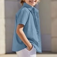 thumbnail image 2 of HAOTAGS Boys Button-Up Shirts, Solid Cotton-Linen Lace Trim Short-Sleeve Turn-Down Collar Casual Tops Sky Blue Size 10, 2 of 9