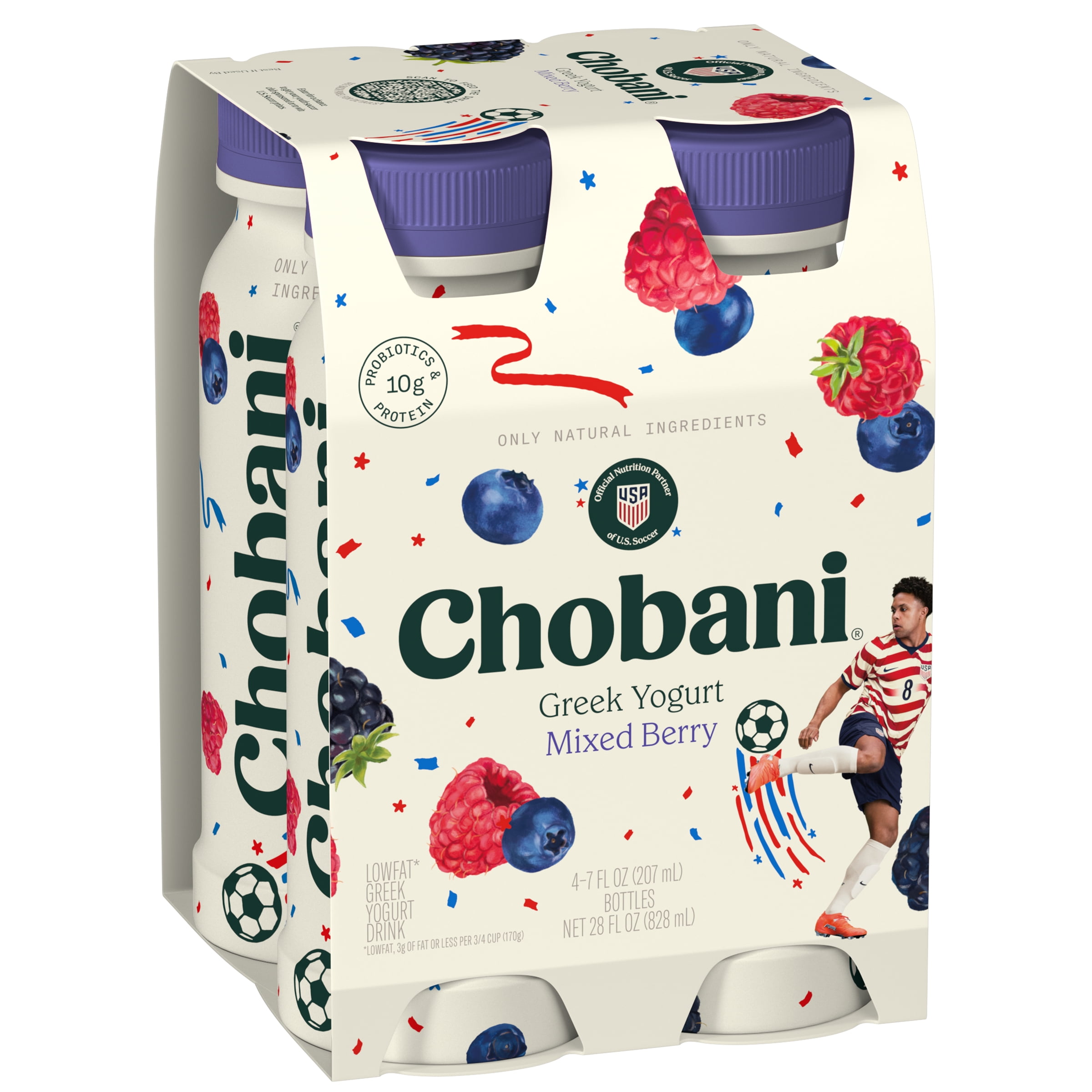 Chobani Low-Fat Greek Yogurt Drink Mixed Berry 7 fl oz Bottle, 4 Pack