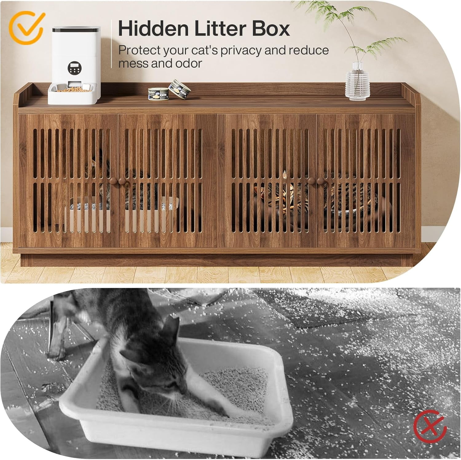 Cat Litter Box Enclosure, 55.1-Inch Extra Large Hidden Litter Box Furniture with 2 Cabinets