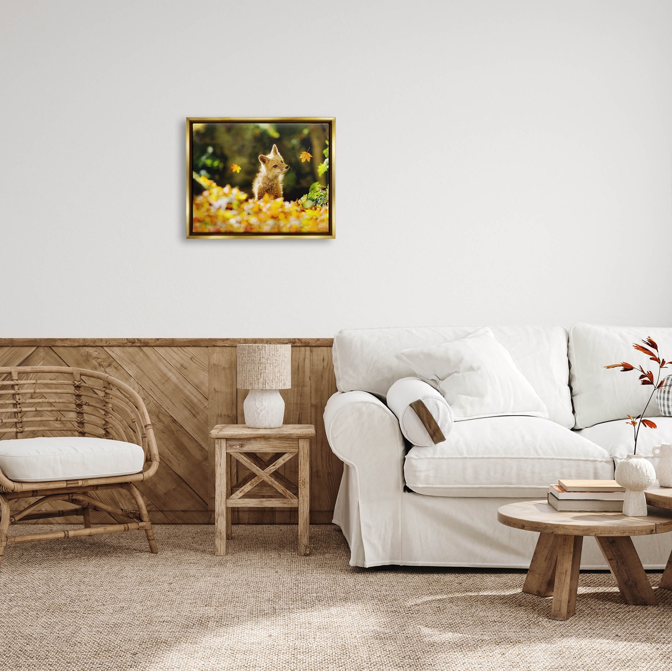 Stupell Industries Fox Watching Autumn Leaves Photograph Metallic Gold Floating Framed Canvas Print Wall Art, Design by Carrie Ann Grippo-Pike