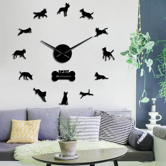 Belgian Shepherd Large Frameless Wall Clocks Home Decor Malinois Wall Watch DIY Big Clock(Black,27inch)