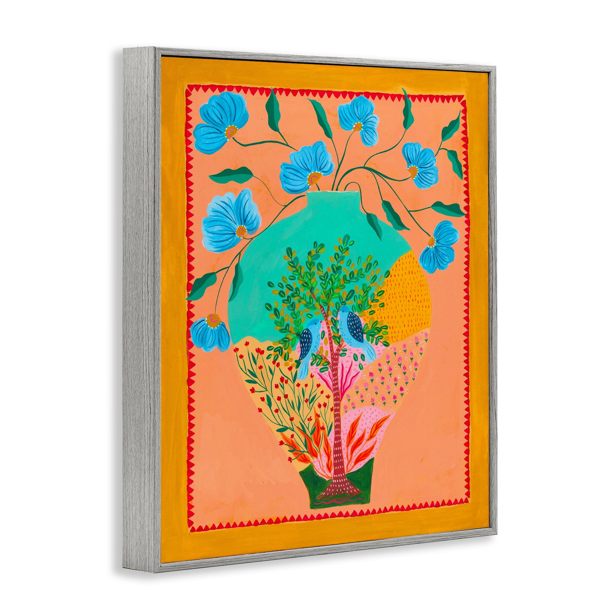Bluebirds & Boho Flower Vase Gray Framed Giclee Art, design by Nabeela Rumi