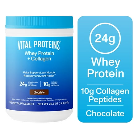 Vital Proteins Whey Protein + Collagen Peptides Powder, Supports Lean Muscle, Recovery and Joint Health, Chocolate, 22.8oz