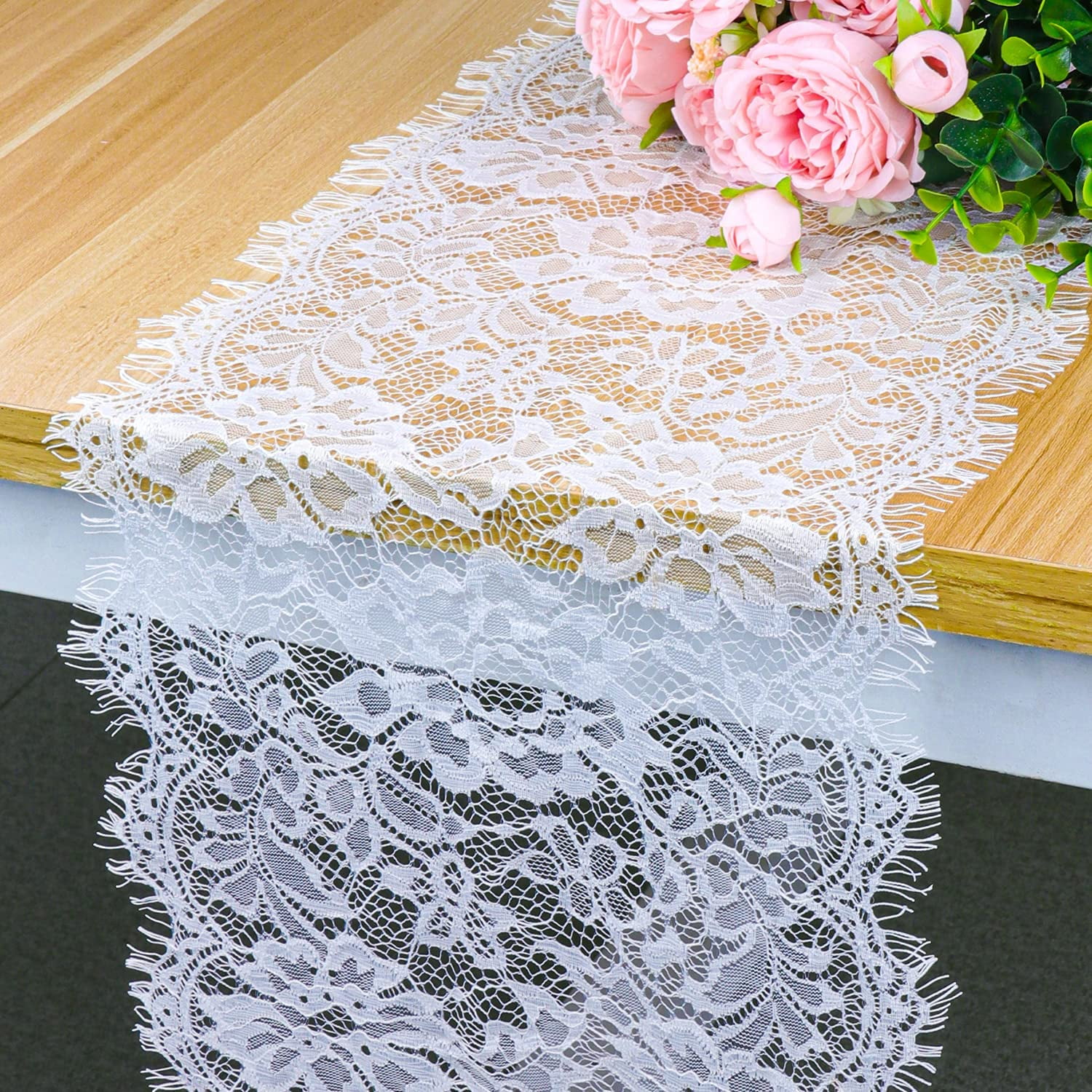 Pink Princess Rose Sheer  Lace table Runner Doily  53" 