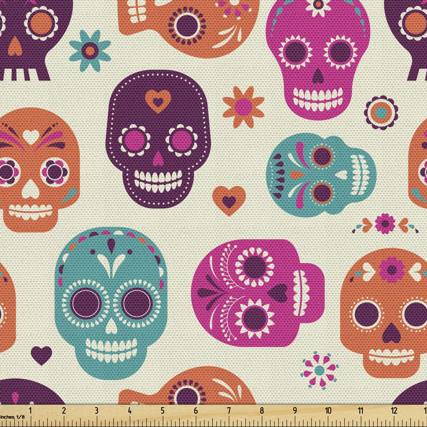 Sugar Skull Fabric by the Yard, Colorful Skull Silhouettes Hearts and