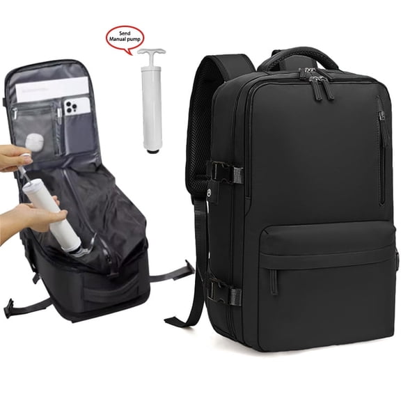 A spacious travel rucksack featuring a vacuum compression system (with built-in air pump); sturdy and durable, it is ideal for business trips, hiking and camping. Designed for all genders.
