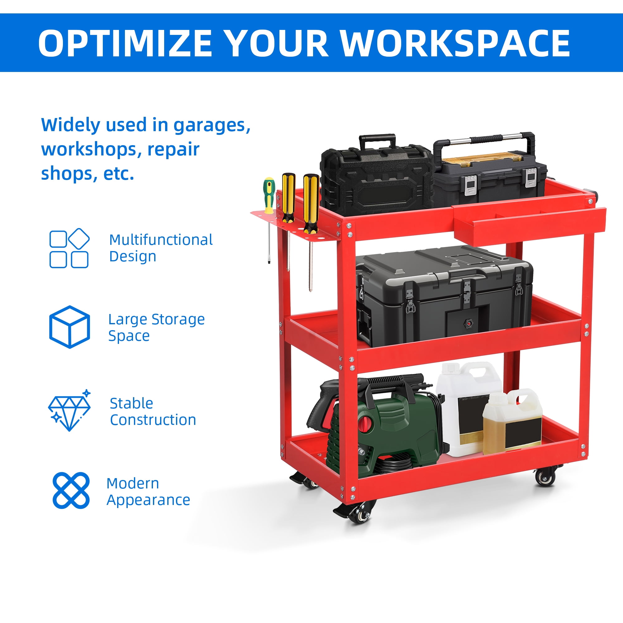 Uforic 3-Tier Metal Tool Cart on Wheels, Rolling Service Cart with Hanging Board & Storage Box, Red