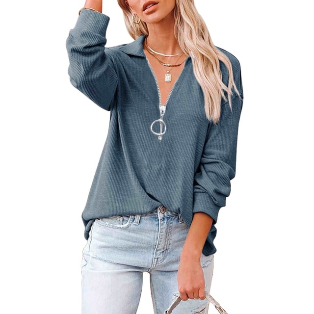 Sonducket Túnica con cremallera para mujer, cuello en V profundo, manga larga, túnica informal, blusas holgadas, trajes de verano Prendas para la parte del cuerpo Azul M Sonducket AP003810-07