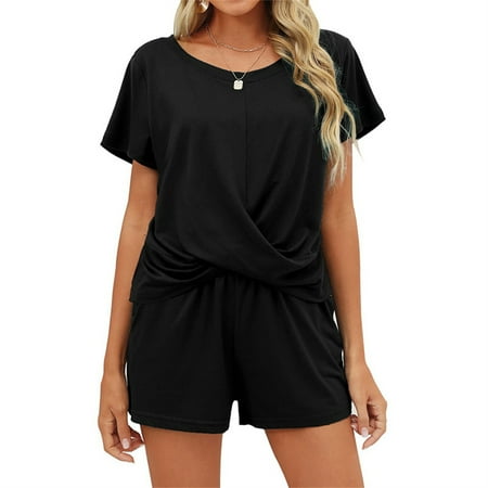 

WREA Women Knotted Hem Crew Neck Short Sleeves Summer Pajamas Set Sleepwear