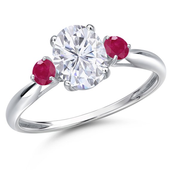 Gem Stone King 10K White Gold White Moissanite and Red Ruby 3-Stone Ring for Women | 1.81 Cttw | Oval 8X6MM | Gemstone Birthstone | Size 7