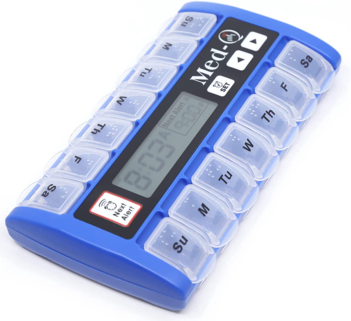 MED-Q Digital Pill Box Organizer, 2 Beep Reminder, LED Alert, Blue
