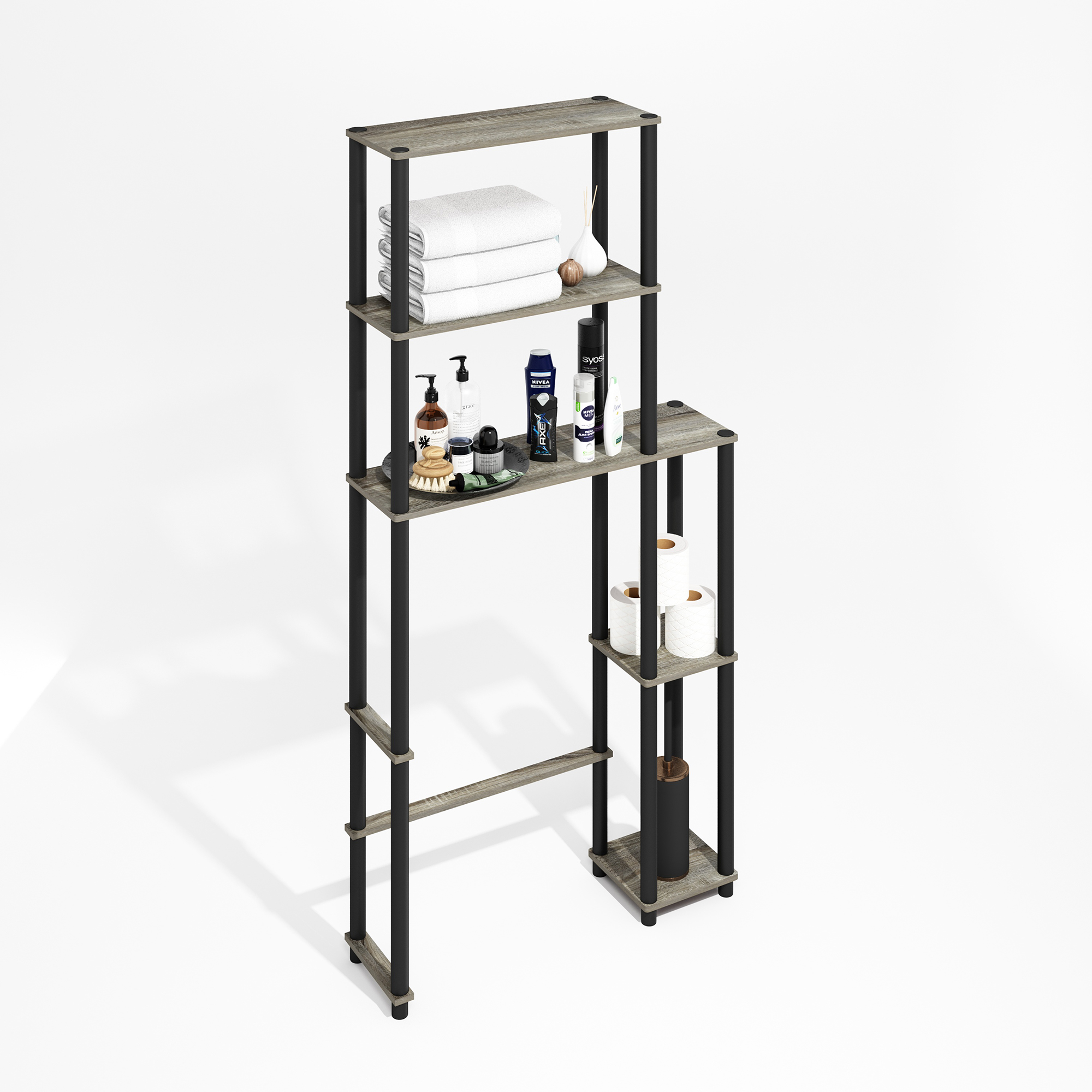 Furinno Turn-N-Tube Freestanding Over-The-Toilet Bathroom Shelves, Storage Rack with 5 Shelves, Grey Oak/Black