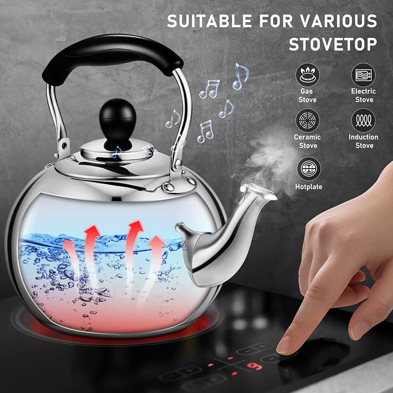 POLIVIAR Tea Kettle, Black Ti Stovetop Tea Kettle 2.7 Quart , Audible  Whistling Teapot, Food Grade Stainless Steel for Anti-Rust and Anti Hot  Handle