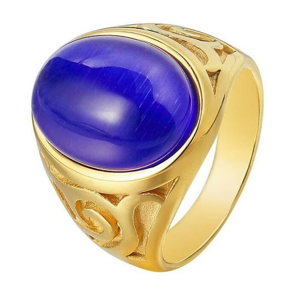 PAMTIER Men's Stainless Steel Simple Personality Special Pattern Carved Oval Gemstone Biker Ring European and American Style Blue Size 9