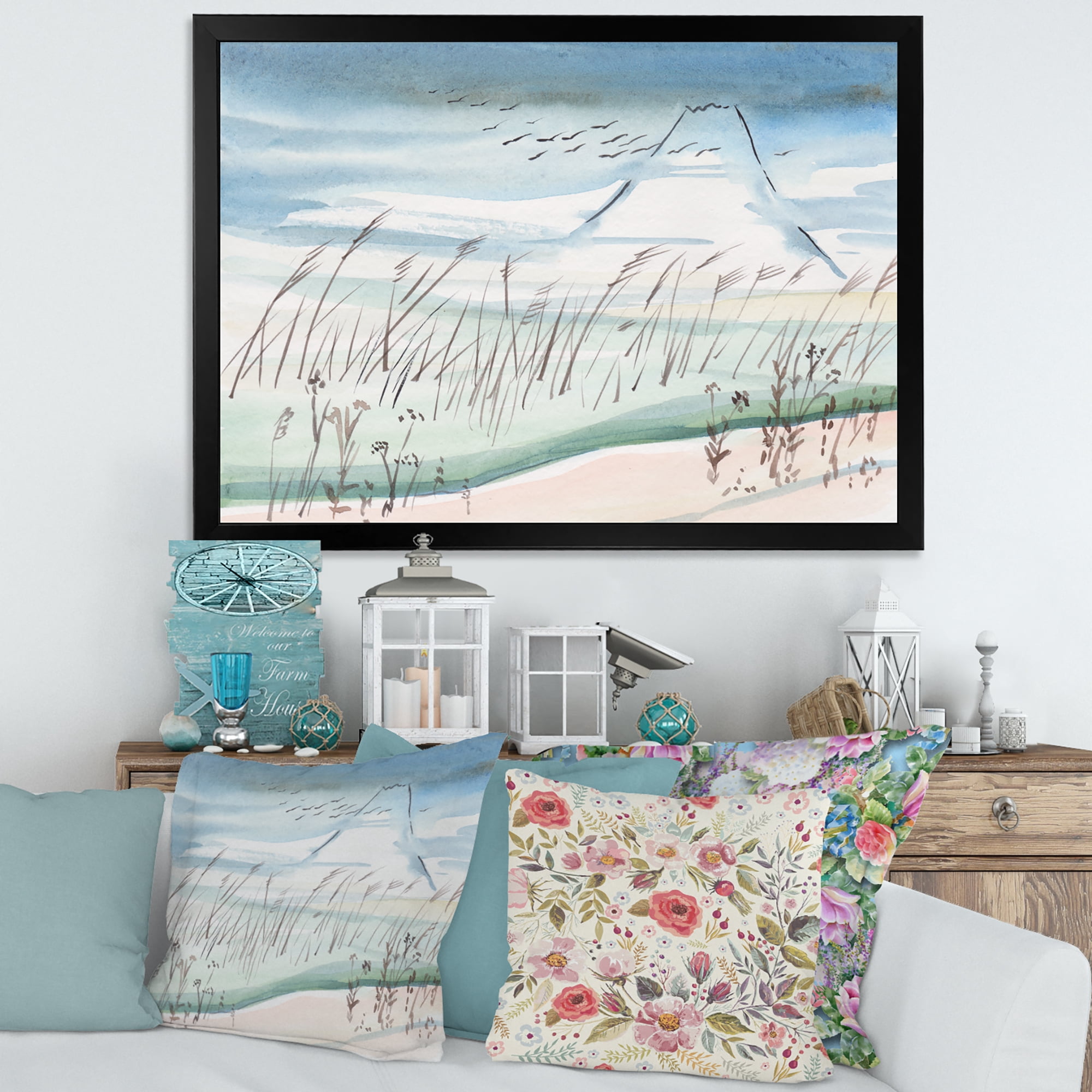 Designart 'Crane Birds Flying Over Snowy Montain' Traditional Framed Art Print