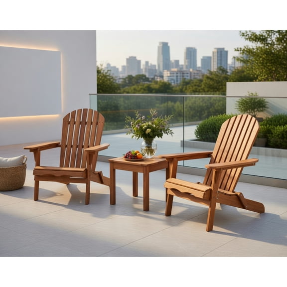 Resenkos 3-Piece Natural Eucalyptus Adirondack Chair Set with Wide Armrests, Foldable Outdoor Patio Chairs & Side Table – 350 lb Capacity