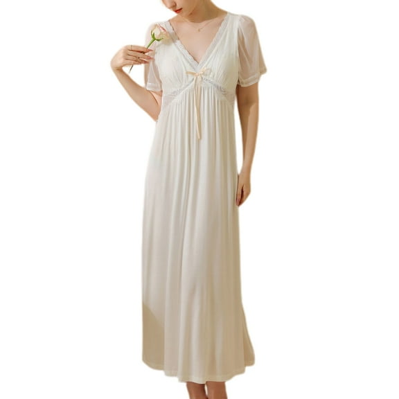 Defitshape Women's Short Sleeve Victorian Nightgown Cute V Neck Pajama Dress Long Lace Short Sleeve Illusion High Waisted Summer Sleepwear Vintage Sleep Dress w/ Built in Bra White Large