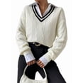 thumbnail image 3 of Womens V Neck Oversized Sweaters Long Sleeve Cable Knit Pullover Striped Chunky Sweater Casual Tennis Tunic Tops White L, 3 of 8