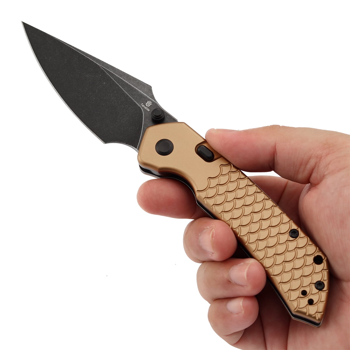 Tenable Fenrir Folding Pocket Knives 3.4“ Blackwashed Nitro-V Blade,Bronze Aluminum with Fishscale Texture Handle,B1034H11