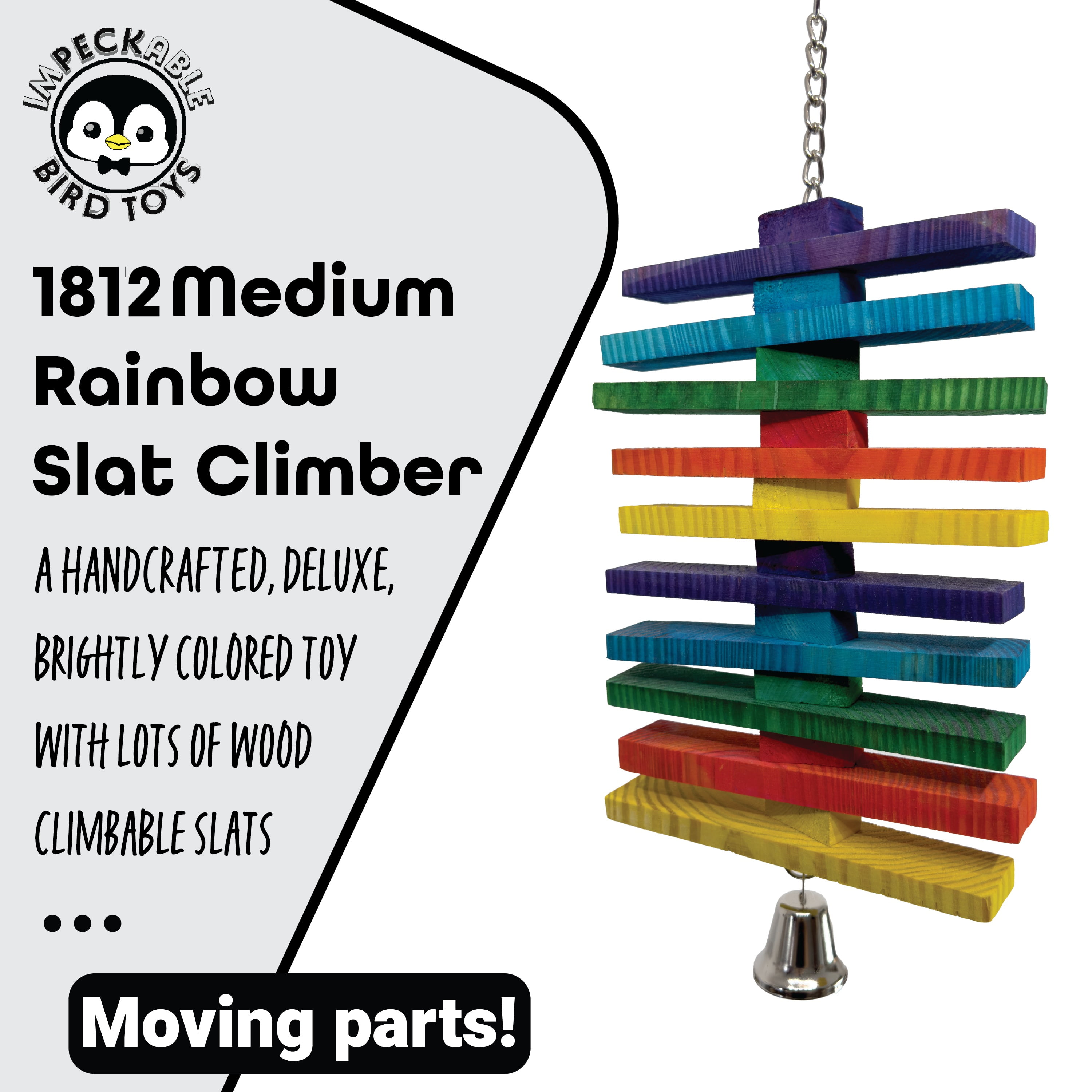 Impeckable Bird Toys 1812 Medium Rainbow Slat Climber made of colorful wood slats with bell and chain for climbing and chewing, handcrafted by us for medium to large parrots like Greys Amazons