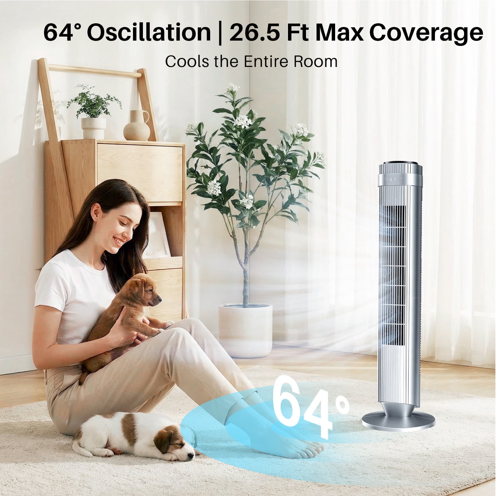 Tower Fan for Home, 64° swivel Standing Floor Fan with Remote, Bladeless Fan Cold Air Quiet, 5 Speeds, 4 Modes, LED Display, Sliver