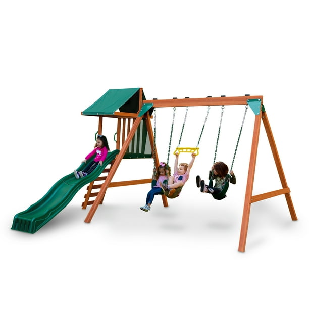 SwingNSlide Ranger Plus Wooden Swing Set with Slide, Climbing Wall
