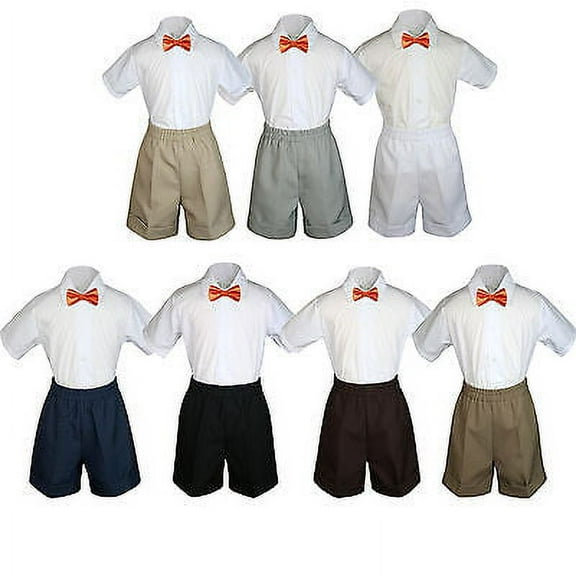 3pc Set Boy Toddler Formal Party Orange BowTie White  Black Khaki Shorts S-4T