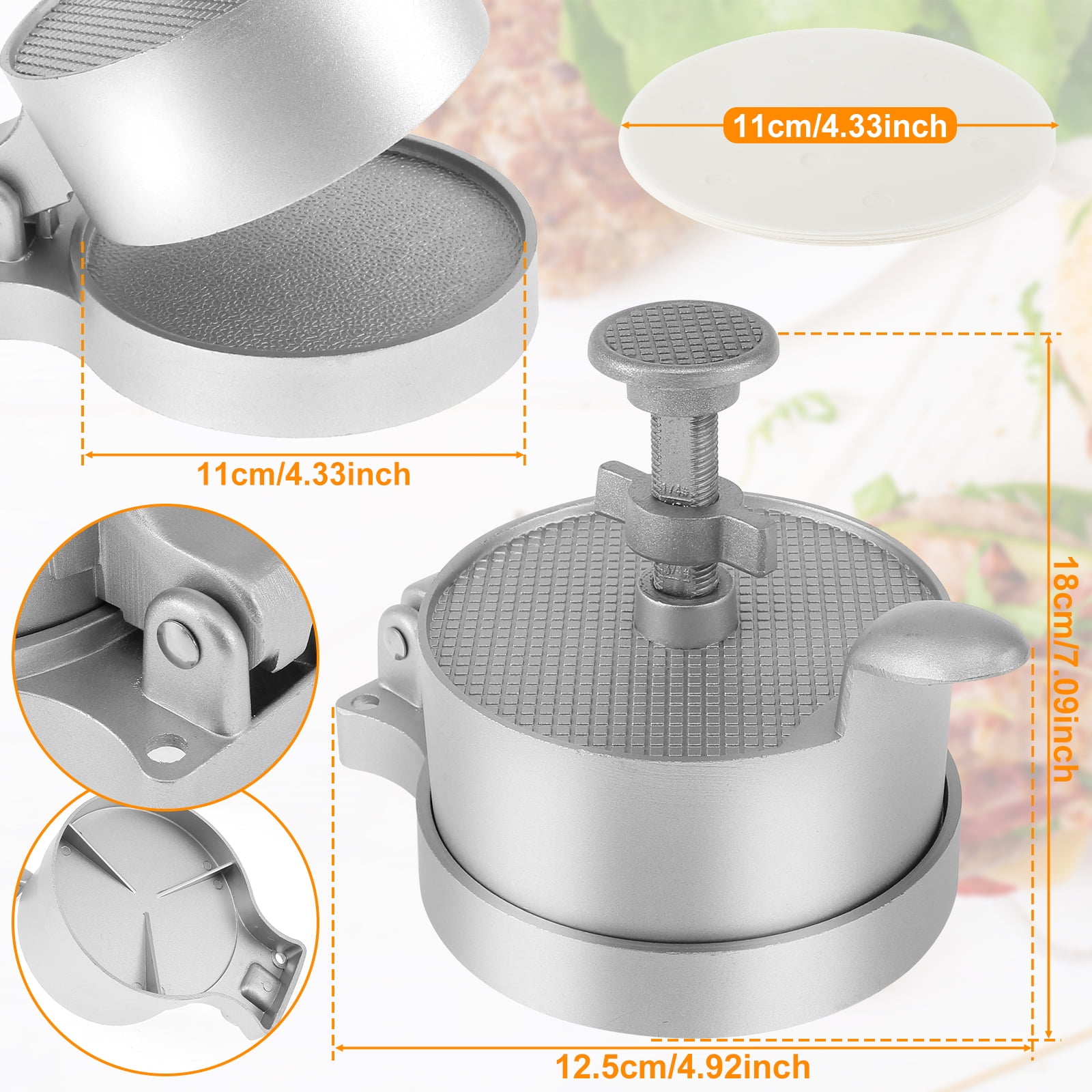 Evjurcn Burger Press with 100 Patty Paper Adjustable Thickness Hamburger Press Patty Maker Non-Stick Hamburger Patty Maker Mold Aluminum Alloy Burger Press Patty Maker for Grilling and Cooking