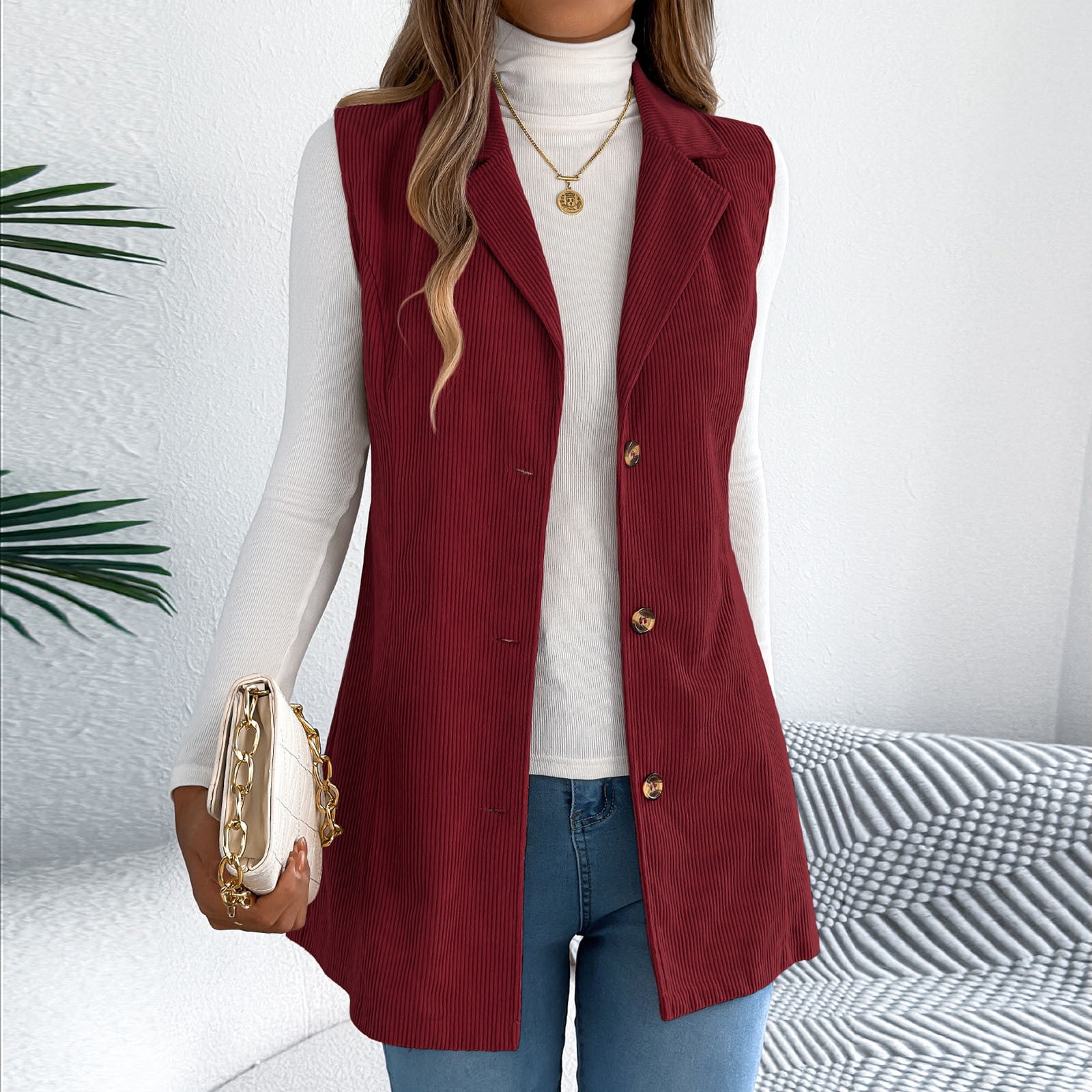 Vest for Women Fall Sleeveless Blazer Jackets Solid Button Down Lapel Coats Trendy Work Coats Wine M - image 4