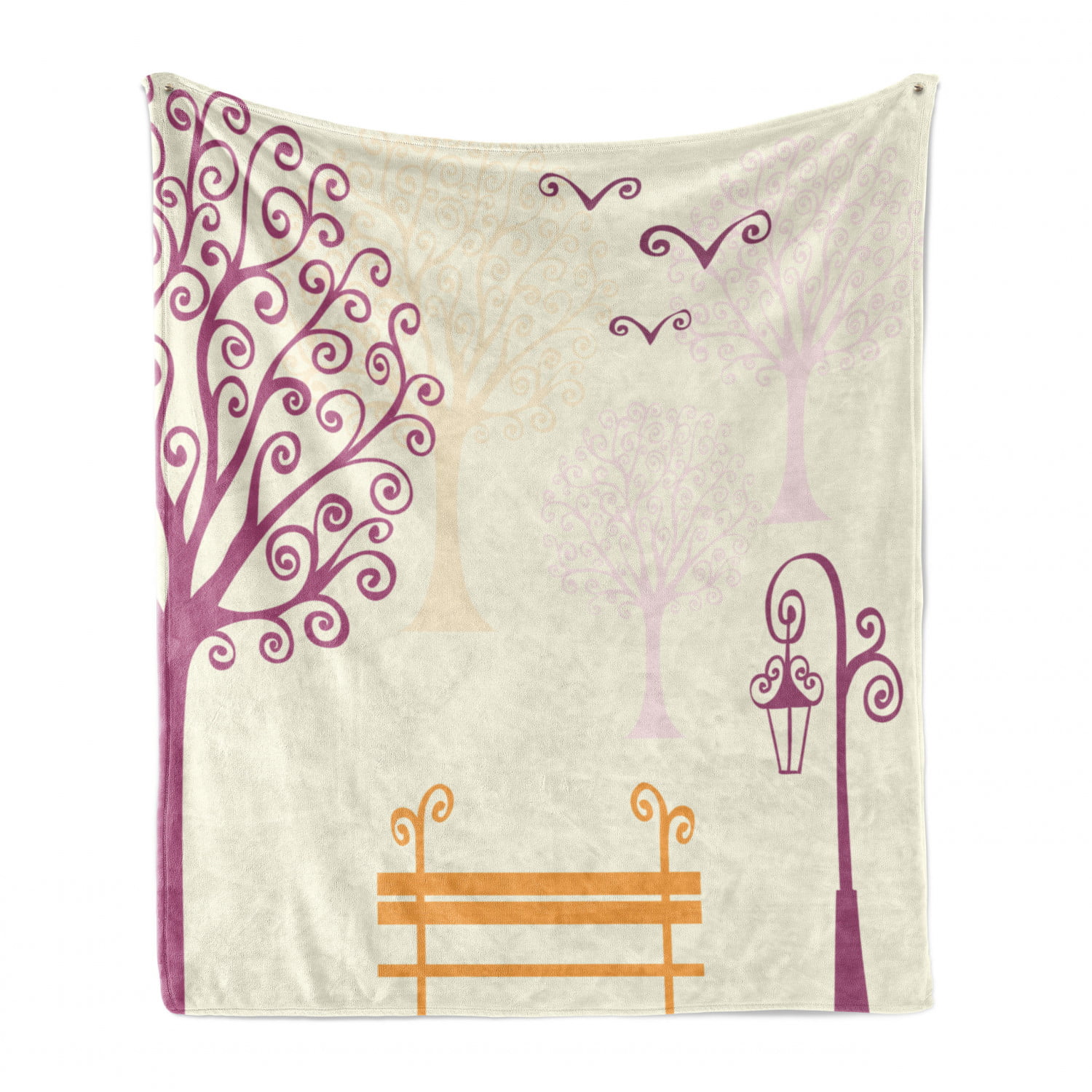 Orange Purple Ambesonne Nature Soft Flannel Fleece Throw Blanket Pastel Color Nature Picture Curvy Lines Seagulls Bench and Tree Silhouettes Park Cozy Plush for Indoor and Outdoor Use 50 x 70