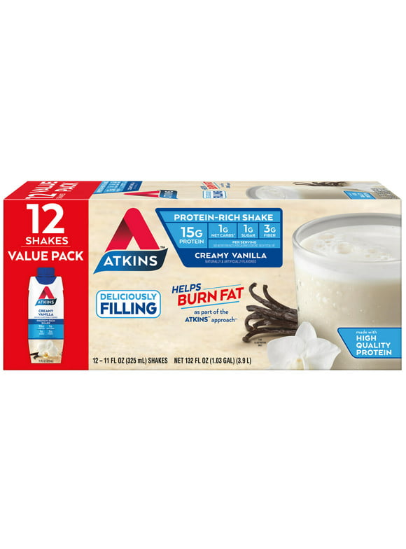 Atkins Creamy Vanilla Protein Shake, High Protein, Low Carb, Low Sugar, Keto Friendly, Gluten Free, 12 Ct