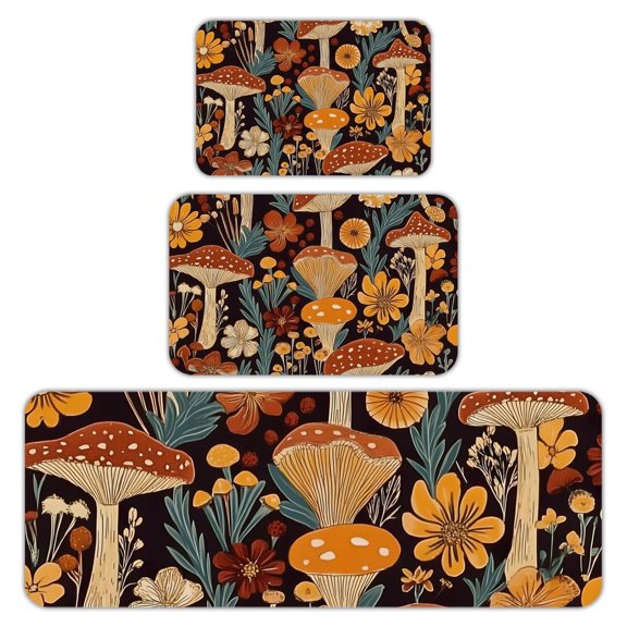 RKSupls Kitchen Rug Set 3 Piece Anti-Slip Flannel Floor Mats, Mushrooms Flowers Pattern Washable Absorbent Runner Mats for Kitchen Bathroom Home Decor