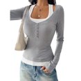 thumbnail image 6 of UQJfacai Womens Long Sleeve Henley T-Shirts Button Ribbed Knit Scoop Neck Slim Fitted Basic Crop Tops Blouse Patchwork Y2k Clothes, 6 of 6