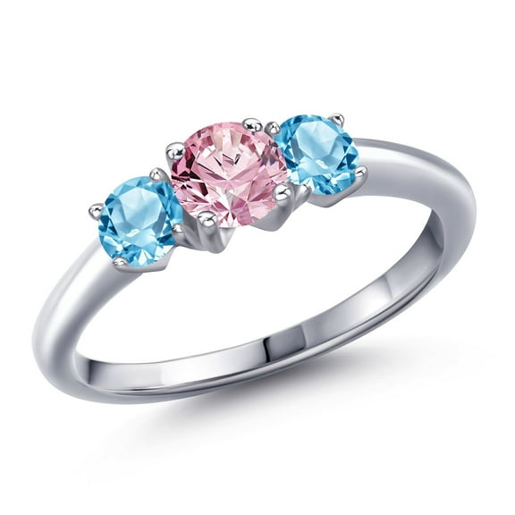 Gem Stone King 925 Sterling Silver Pink Lab Grown Diamond and Swiss Blue Topaz Engagement Ring for Women | 1.21 Cttw | Round 5MM | Gemstone April Birthstone | Size 6