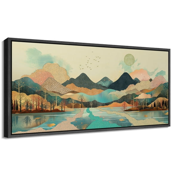 Large Framed Canvas Print Abstract Colorful Mountains and Sea Wall Art Decorative Ready to Hang Painting for Living room Bedroom - 60"x30" Black Frame