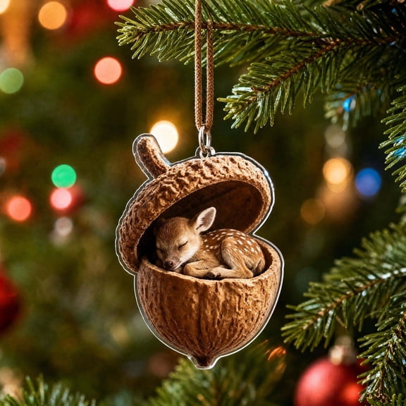 Sleeping Woodland Animal Hanging Ornament, 8 cm Sculpted Walnut Shell With Twine Cord, Christmas Tree Mantel Window Decor - Spotted Fawn