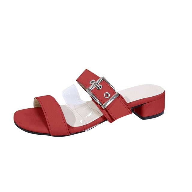 Heeled Sandals for Women Block Heel Slide Sandals Open Square Toe Clear Strap Buckle Decor Summer High Heel Sandals Red