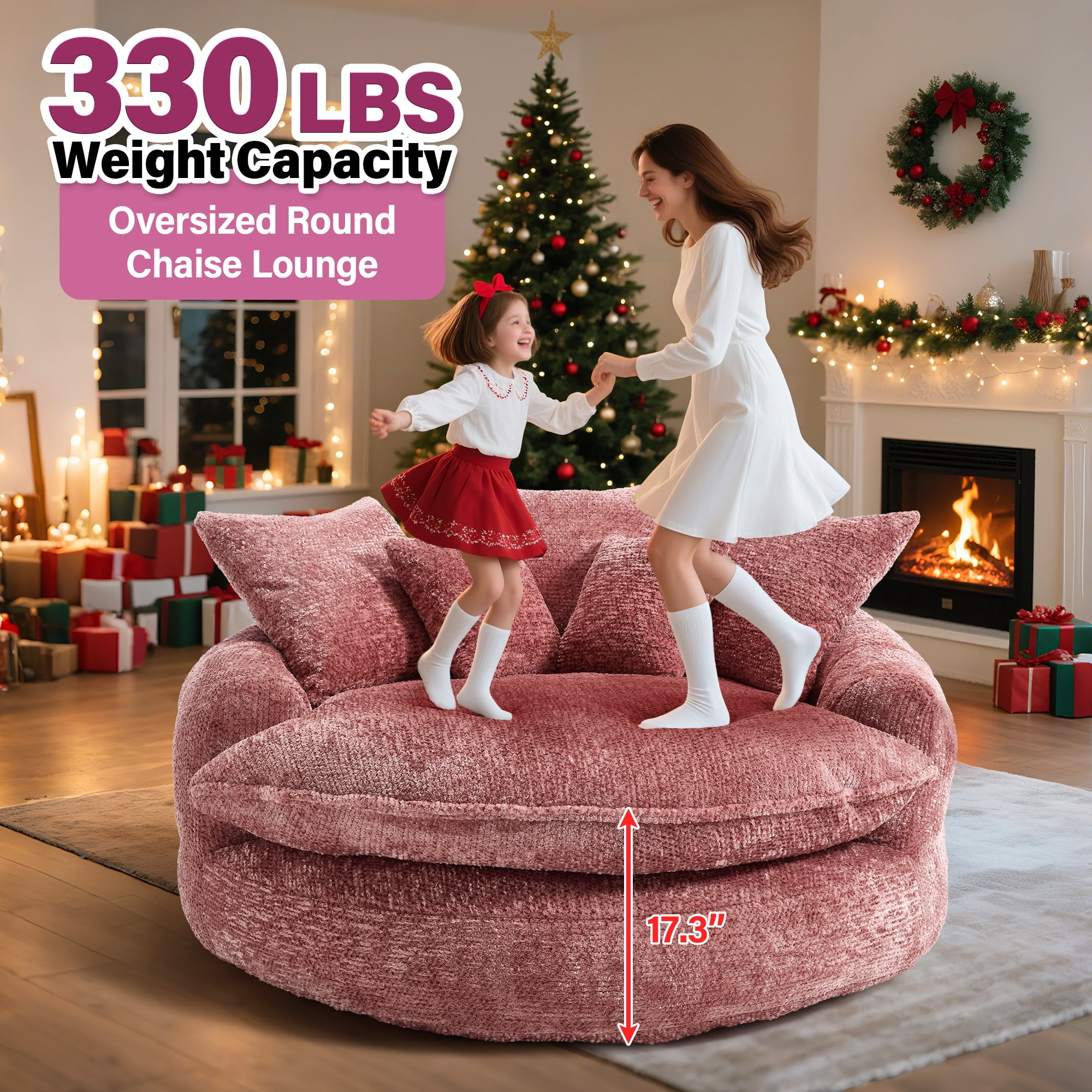 Aukfa 55" Oversized Round Chaise Lounge Chair, Fluffy Deep Seat Cloud Floor Sofa, Modern No Assembly Couch, Pink