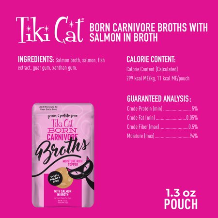 TIKI PETS TIKI CAT BORN CARNIVORE BROTHS WET CAT FOOD TOPPER, SALMON, 1.3 OZ. POUCH
