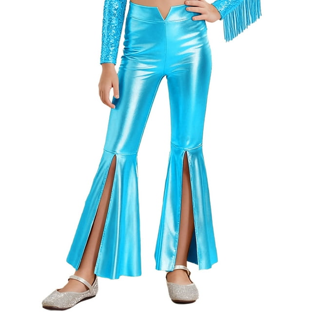 RUNQHUI Kids Girls Split Bell-Bottom Metallic Pants for Party Pageant Dance Sparkle Bell Bottoms Light Blue 8